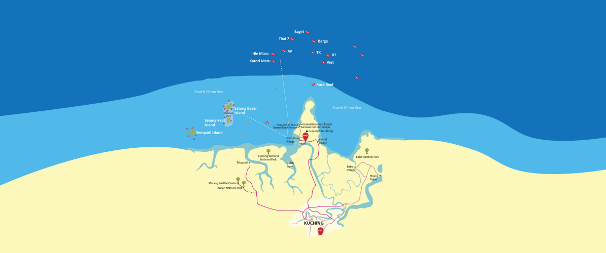 A map of Pulau Satang and Kuching