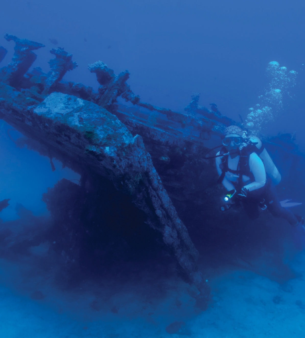 A scuba diver exploring a sunken shipwreck at Pulau Tenggol