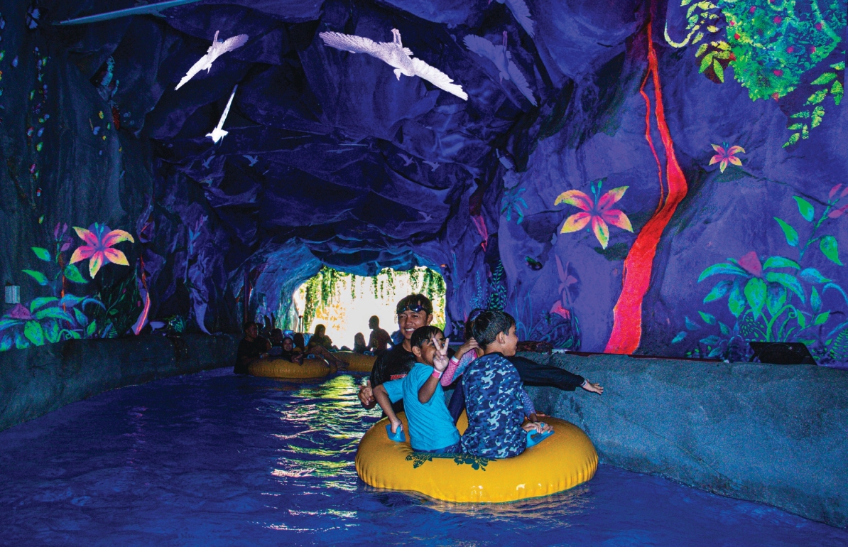 glowing cave river ride at Riverine Splash, Amverton Cove